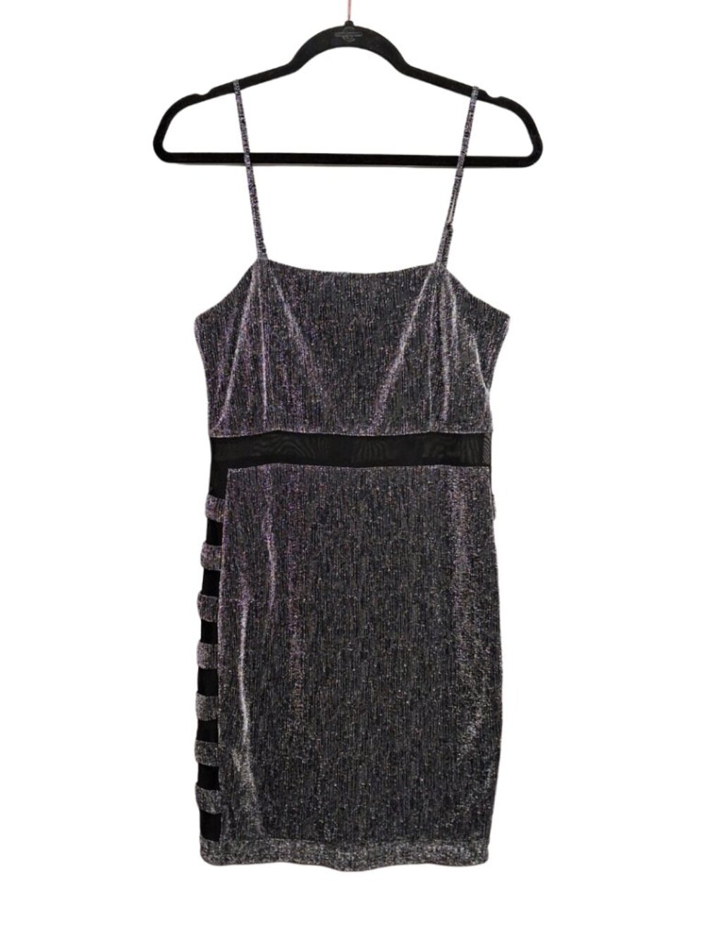 CHOCOLATE USA Metallic Mini Dress Bodycon Silver Sparkle Cutout Side Large NWT